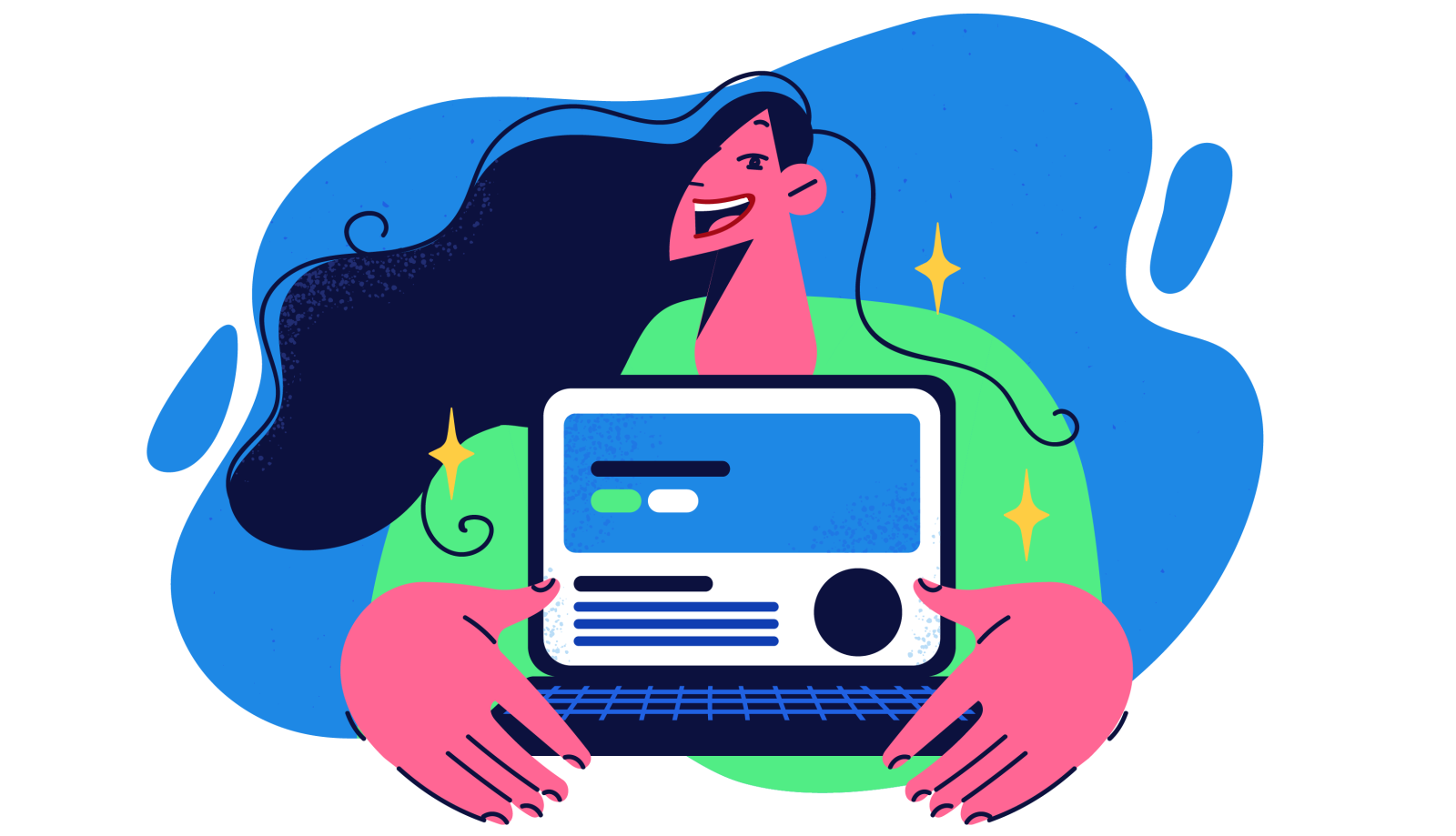 Dame die een laptop met een landingpage vasthoud Dame die een laptop met een landingpage vasthoud